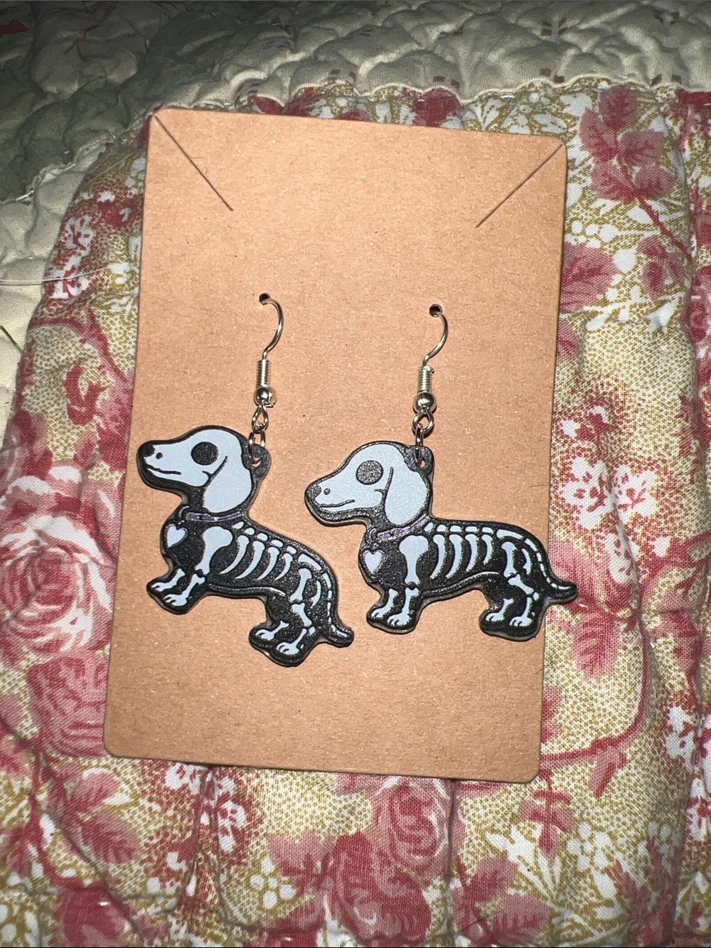 Skeleton Dachshund Dog Earrings - Black and White